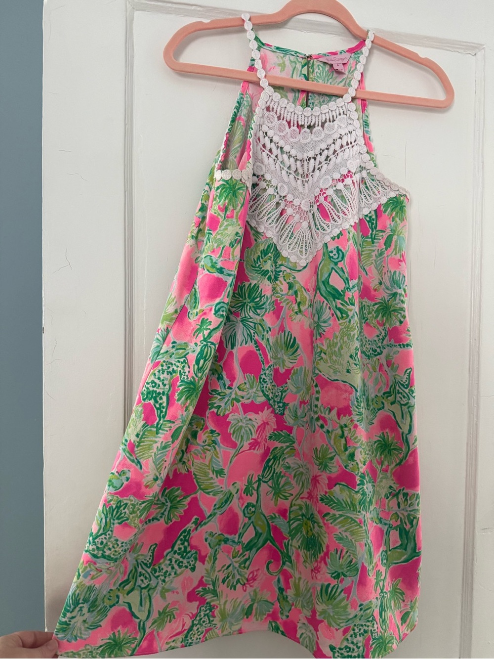 Lilly Pulitzer Pink & Green Tropical Crochet Yoke Tank Dress